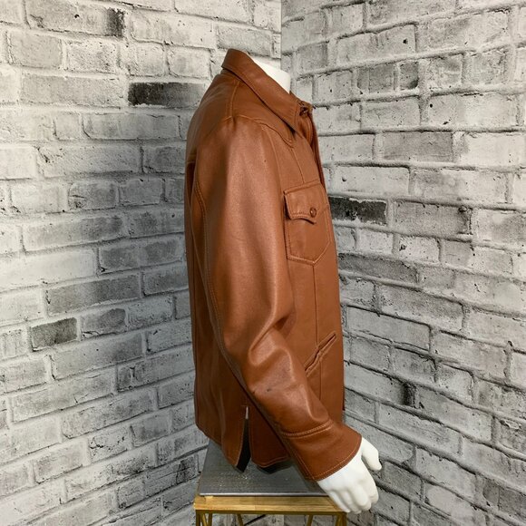 Vintage 70s Camel Faux Leather Shirt Jacket Retro Disco Collar Coat Shacket - Picture 3 of 13